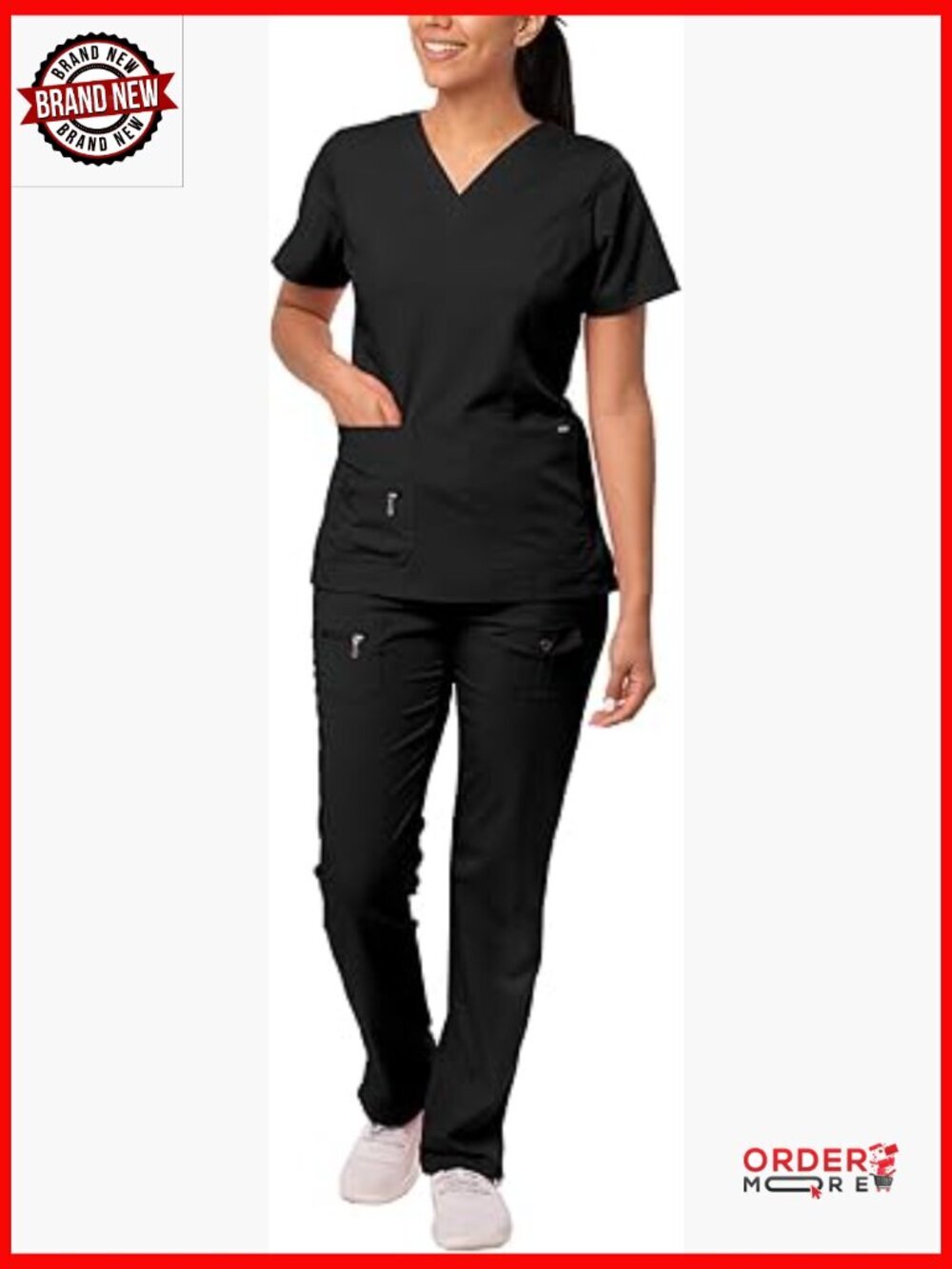 Scrub Set with V-Neck Top & Multi Pocket Pants, Size Small